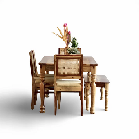 PRITI Round Leg Dining Table With Cane Weave Chairs