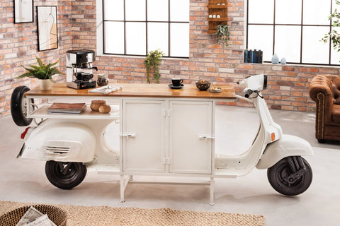 PRITI SCOOTER EXTRAVAGANT RETRO BAR CABINET WHITE CONSOLE MOTOR SCOOTER MANGO WOOD TOP