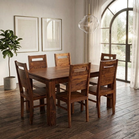 PRITI : Solid Wood Dining Table Set With 6 Chairs In Natural Finish