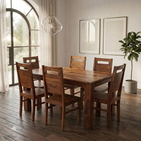 PRITI : Solid Wood Dining Table Set With 6 Chairs In Natural Finish
