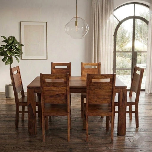 PRITI : Solid Wood Dining Table Set With 6 Chairs In Natural Finish