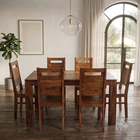 PRITI : Solid Wood Dining Table Set With 6 Chairs In Natural Finish