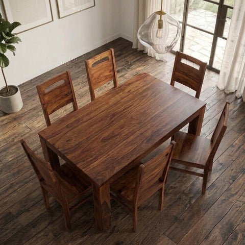 PRITI : Solid Wood Dining Table Set With 6 Chairs In Natural Finish