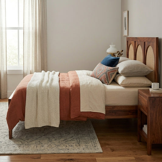 PRITI Wood and Cane Bed: Elegant, Durable & Comfort-Enhancing Design