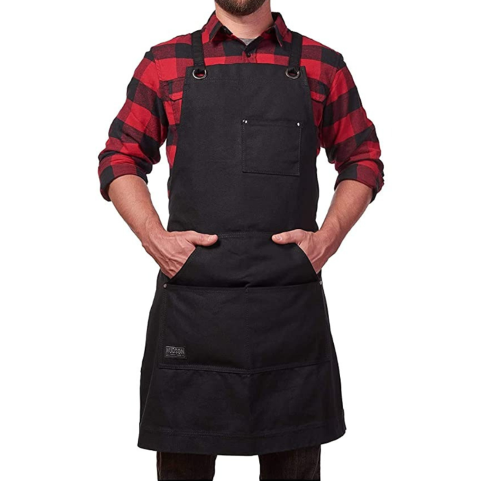 1-72.png PRITI - Heavy Duty Waxed Canvas Work Apron with Tool Pockets (Black), Cross-Back Straps & Adjustable M to XXL - Image 1