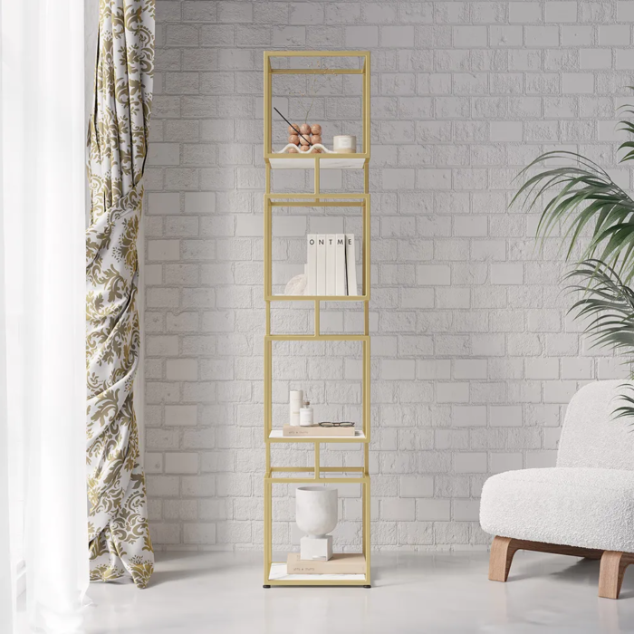 4-Tier Modern Simple Gold Cube Bookcase with Metal Tower Display Tall Wooden Bookshelf - Image 2