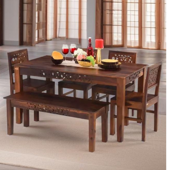 PRITI : Aden Solid Wood Dining Table and Chair Set with Bench - Image 1