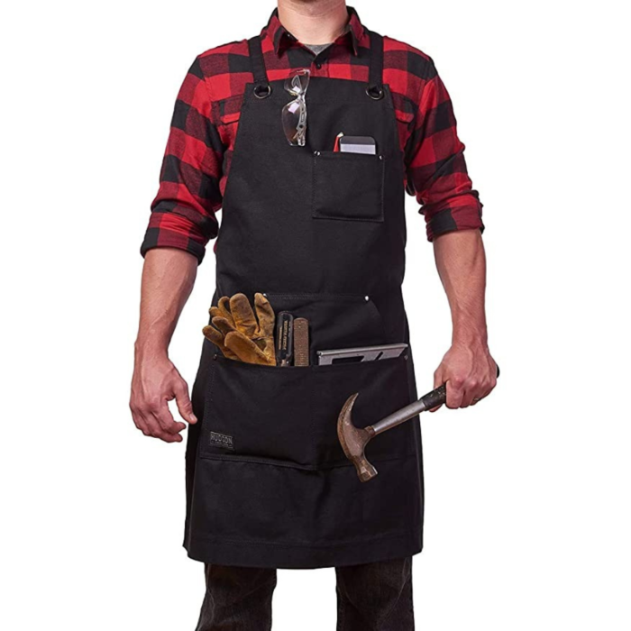 2-72.png PRITI - Heavy Duty Waxed Canvas Work Apron with Tool Pockets (Black), Cross-Back Straps & Adjustable M to XXL - Image 2