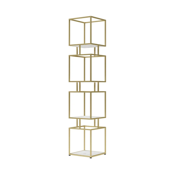 4-Tier Modern Simple Gold Cube Bookcase with Metal Tower Display Tall Wooden Bookshelf - Image 6