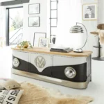 Priti Black TV cabinet with mango wood top