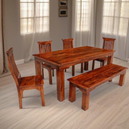 PRITI : Manila Rustic Solid Wood Casual Dining Table Chair Set with Bench