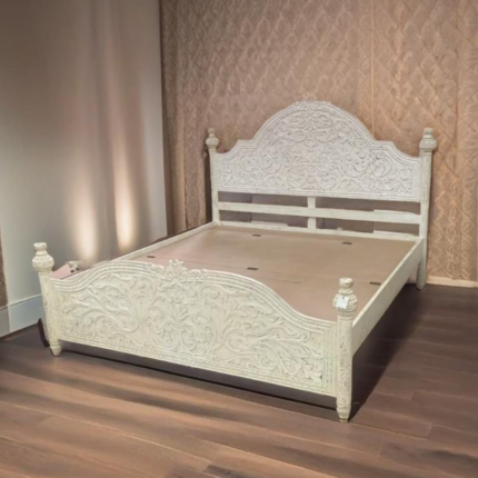 Priti Wood Carving Bed White Tone