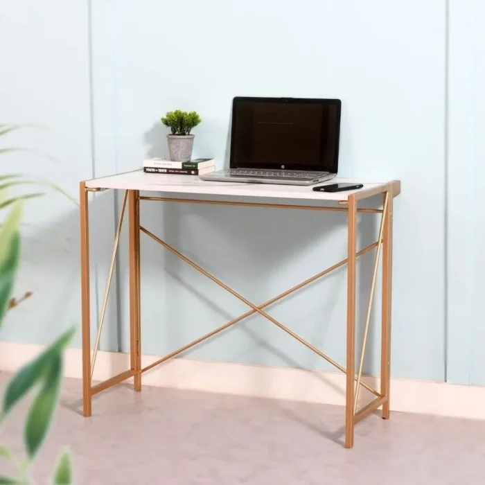 1-106 PRITI HOME 35.4″ Small Desk No-Assembly Folding Computer PC Desk Home Office Desk Laptop Study Writing Table for Space Saving – Golden – Laminated Marble Table top - Image 1