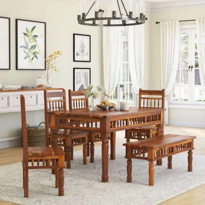 1-17 PRITI : Haines Rustic Solid Wood Dining Table Chair Bench Set - Image 1