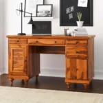 Priti : Rustic Solid Wood Computer Desk With Louvered Door Cabinet