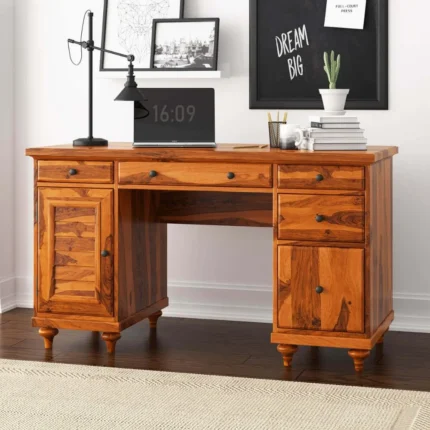 Priti : Rustic Solid Wood Computer Desk With Louvered Door Cabinet