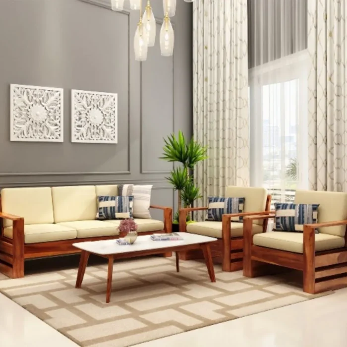 Priti : 5 Seater Wooden Sofa Set with Side Storage - Image 1