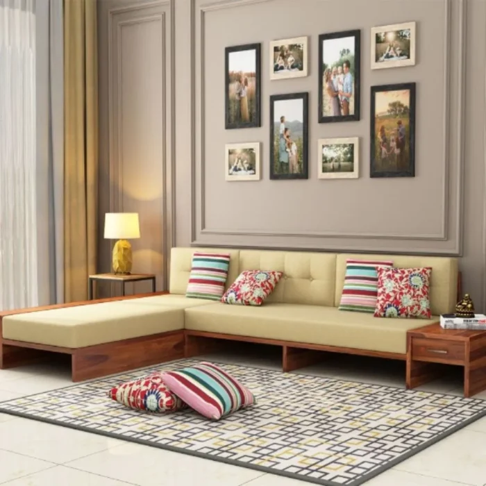 1-59 Priti : Valencia L-Shaped Wooden Sofa with Side Storage Drawer - Image 1