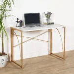 Priti Folding No-Assembly Modern Simple Small Wood Workstation Study Table with Arc Metal Frame Finish (39.4 Inch, Golden with Marble White top)
