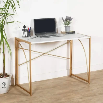 Priti Folding No-Assembly Modern Simple Small Wood Workstation Study Table with Arc Metal Frame Finish (39.4 Inch, Golden with Marble White top)