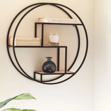 Floating Round Metal Wall Shelf Fix With 3 Strong Wood SHELF