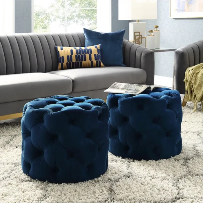 14-1 Marianna Modern Navy Velvet Round Pouf Set Of 2 - Image 1