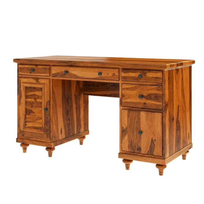 Priti : Rustic Solid Wood Computer Desk With Louvered Door Cabinet - Image 2