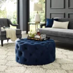 Drita Modern Grey Velvet Round Pouf In Solid Wood