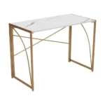 Priti Folding No-Assembly Modern Simple Small Wood Workstation Study Table with Arc Metal Frame Finish (39.4 Inch, Golden with Marble White top) - Image 4
