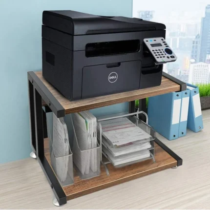 2-TIER MULTIPURPOSE DESKTOP STAND WITH STORAGE SHELVES IN BROWN WOOD