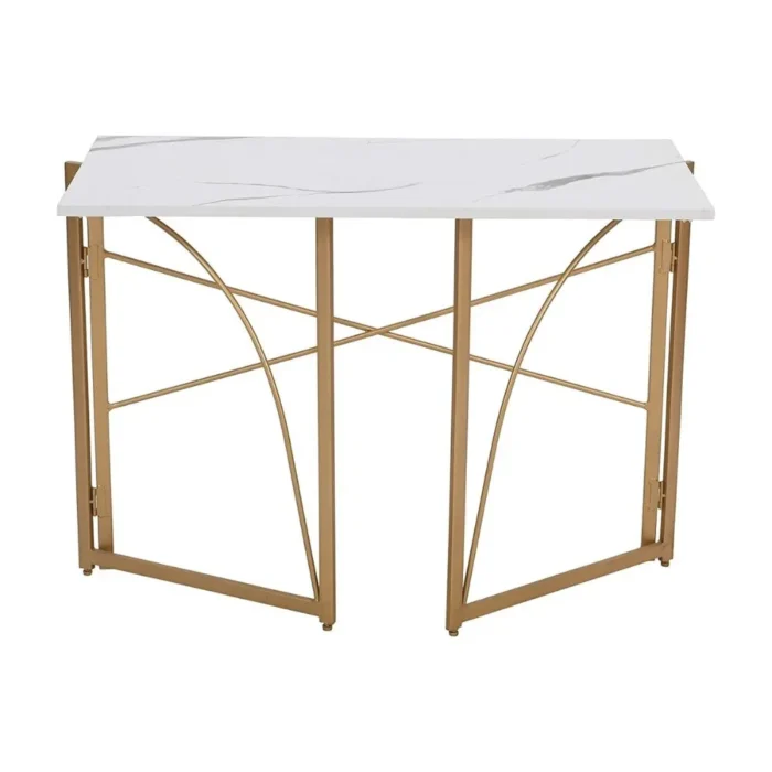 Priti Folding No-Assembly Modern Simple Small Wood Workstation Study Table with Arc Metal Frame Finish (39.4 Inch, Golden with Marble White top) - Image 3