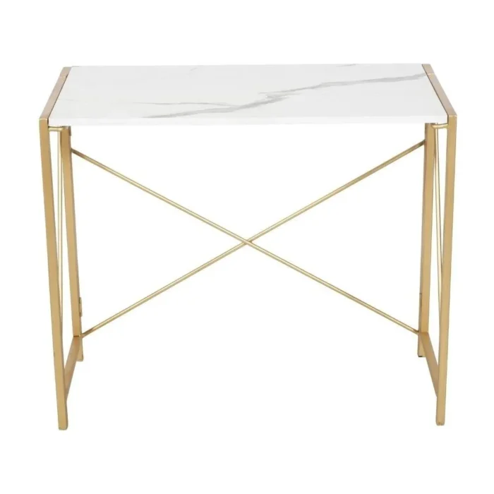 3-94 PRITI HOME 35.4″ Small Desk No-Assembly Folding Computer PC Desk Home Office Desk Laptop Study Writing Table for Space Saving – Golden – Laminated Marble Table top - Image 8
