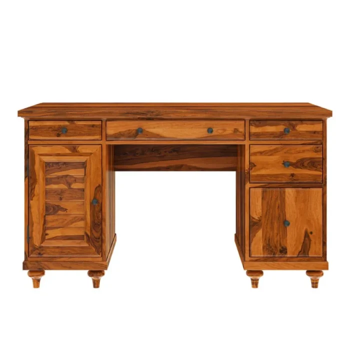 Priti : Rustic Solid Wood Computer Desk With Louvered Door Cabinet - Image 7