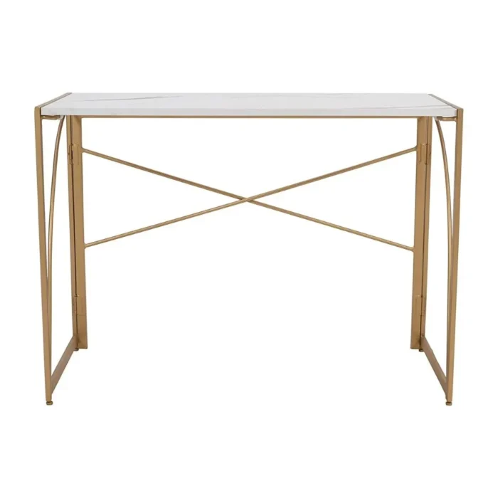Priti Folding No-Assembly Modern Simple Small Wood Workstation Study Table with Arc Metal Frame Finish (39.4 Inch, Golden with Marble White top) - Image 2