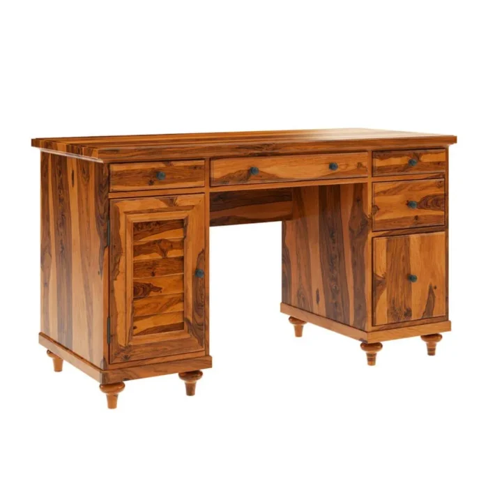 Priti : Rustic Solid Wood Computer Desk With Louvered Door Cabinet - Image 5