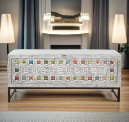 Priti Chest Ceramic Grey White Mango Wood (116 X 40 X 50 Cm)