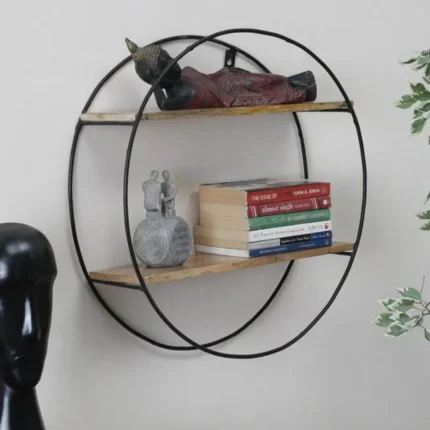Rustic Solid Wood & Metal Circular Storage Shelf | Hanging Wall Shelf