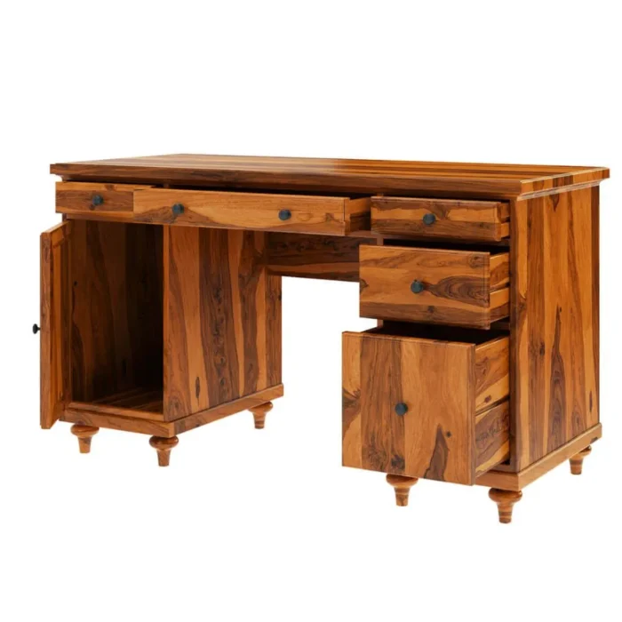 Priti : Rustic Solid Wood Computer Desk With Louvered Door Cabinet - Image 4
