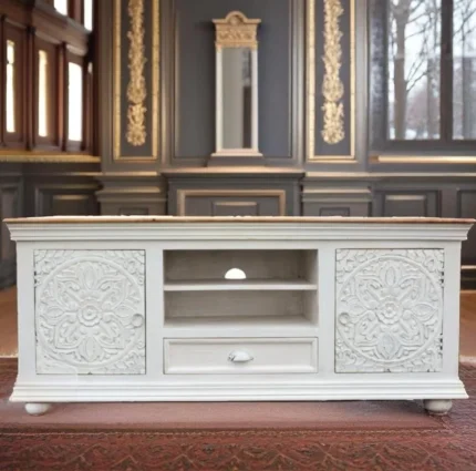 Traditional Carved Indian White TV Cabinet