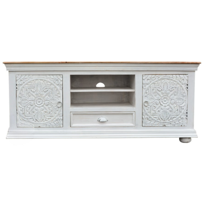 PRITI-CARVED-INDIAN-WHITE-TV-CABINET6 Traditional Carved Indian White TV Cabinet - Image 3