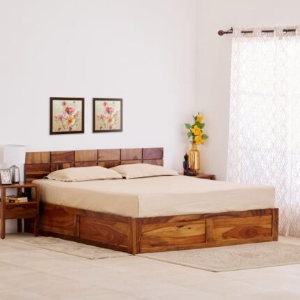PRITI Rubix Wooden Queen Bed with Box Storage - Brown