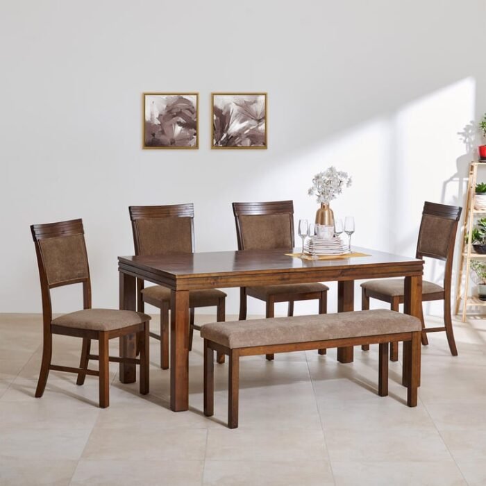 PRITI 6-Seater Dining Set with Chairs and Bench - Brown PRITI 6-Seater Dining Set with Chairs and Bench - Brown
