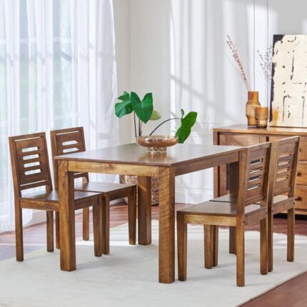 PRITI Wooden 4-Seater Dining Set with Chairs - Brown