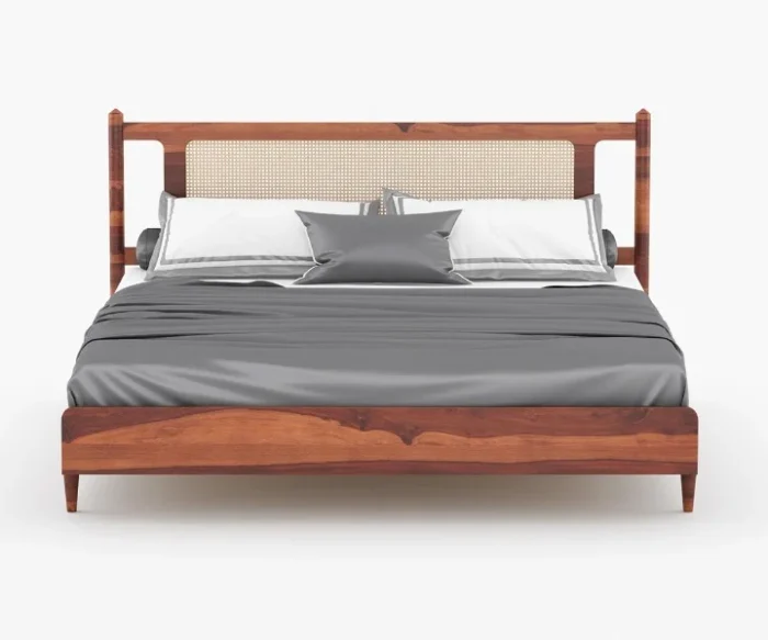 PRITI Wooden Cane King-Queen Size Bed Without Storage