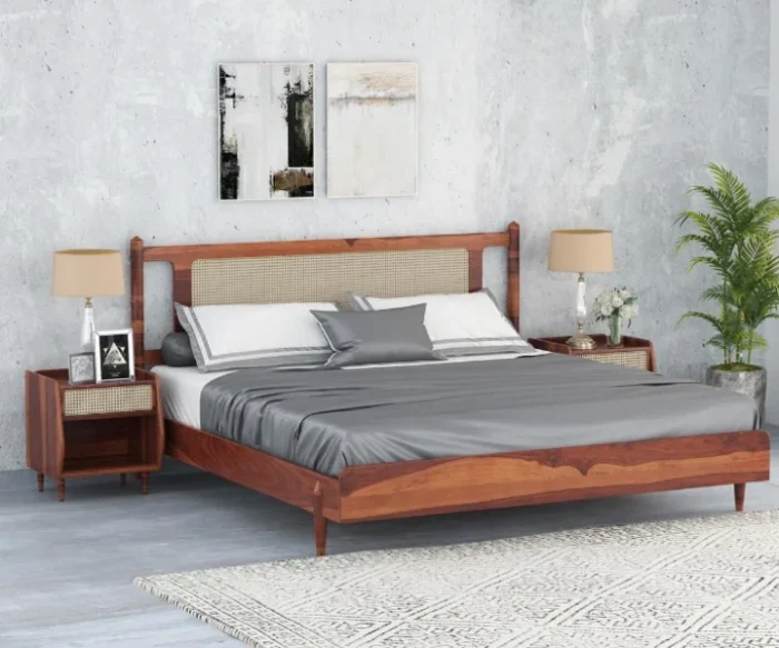 PRITI Wooden Cane King-Queen Size Bed Without Storage