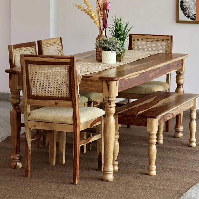 PRITI Round Leg Dining Table With Cane Weave Chairs