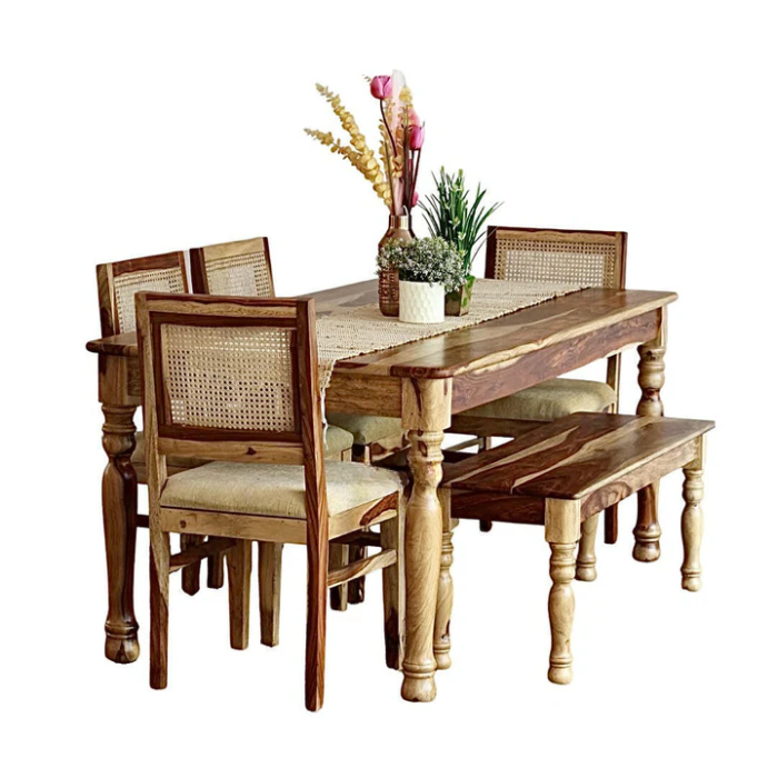 PRITI Round Leg Dining Table With Cane Weave Chairs