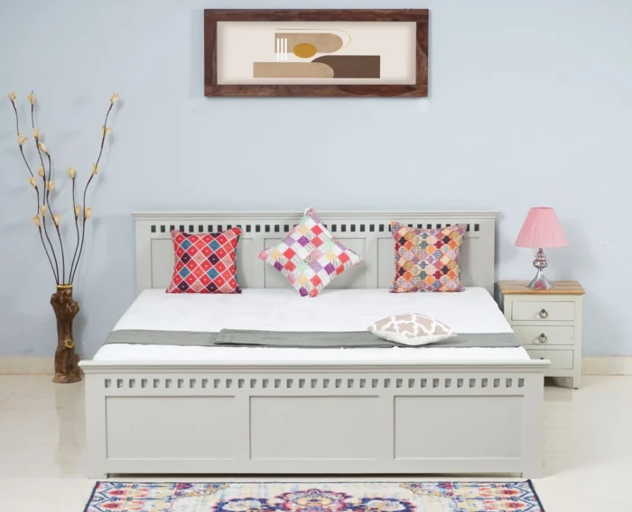 PRITI Solid Wood Queen Size Bed - Milky White PRITI Solid Wood Queen Size Bed - Milky White