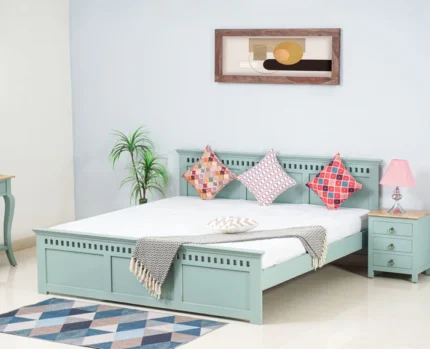 PRITI Solid Wood Queen Size Bed - Silt Green