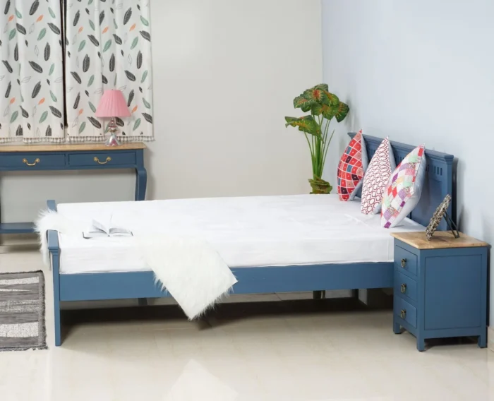 PRITI Solid Wood Queen Size Bed - Blue